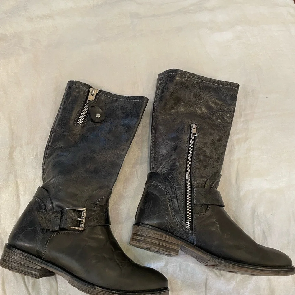 Bed Stu leather mid height tall riding boots round toe distressed side zip - Picture 7 of 12